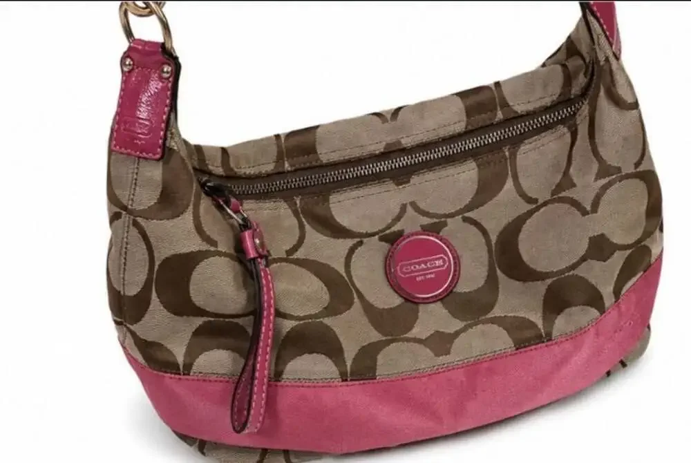 Coach Signature C Stripe Hobo Shoulder Bag F17484 Khaki Berry Pink